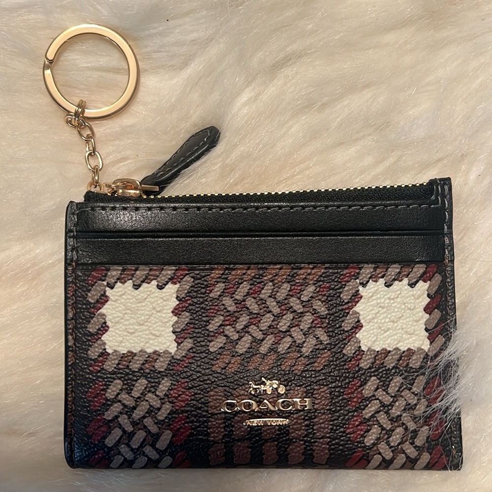 Coach Black Multi Patterned Zip Card Case Keychain